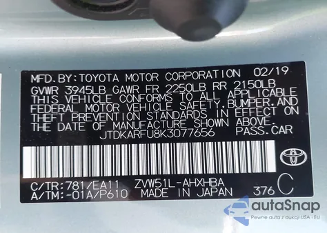 2019 Toyota Prius Limited из США, поврежденный, VIN JTDKARFU8K3077656